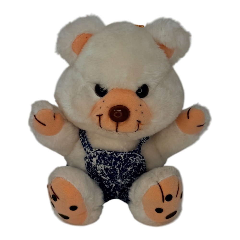 Dan Brechner Teddy Bear Vintage 80s 90s Plush White Blue Acid Wash Overalls 12in